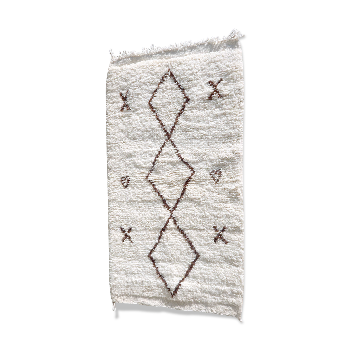 Brown and white Berber Béni Ouarain rug with diamonds in wool