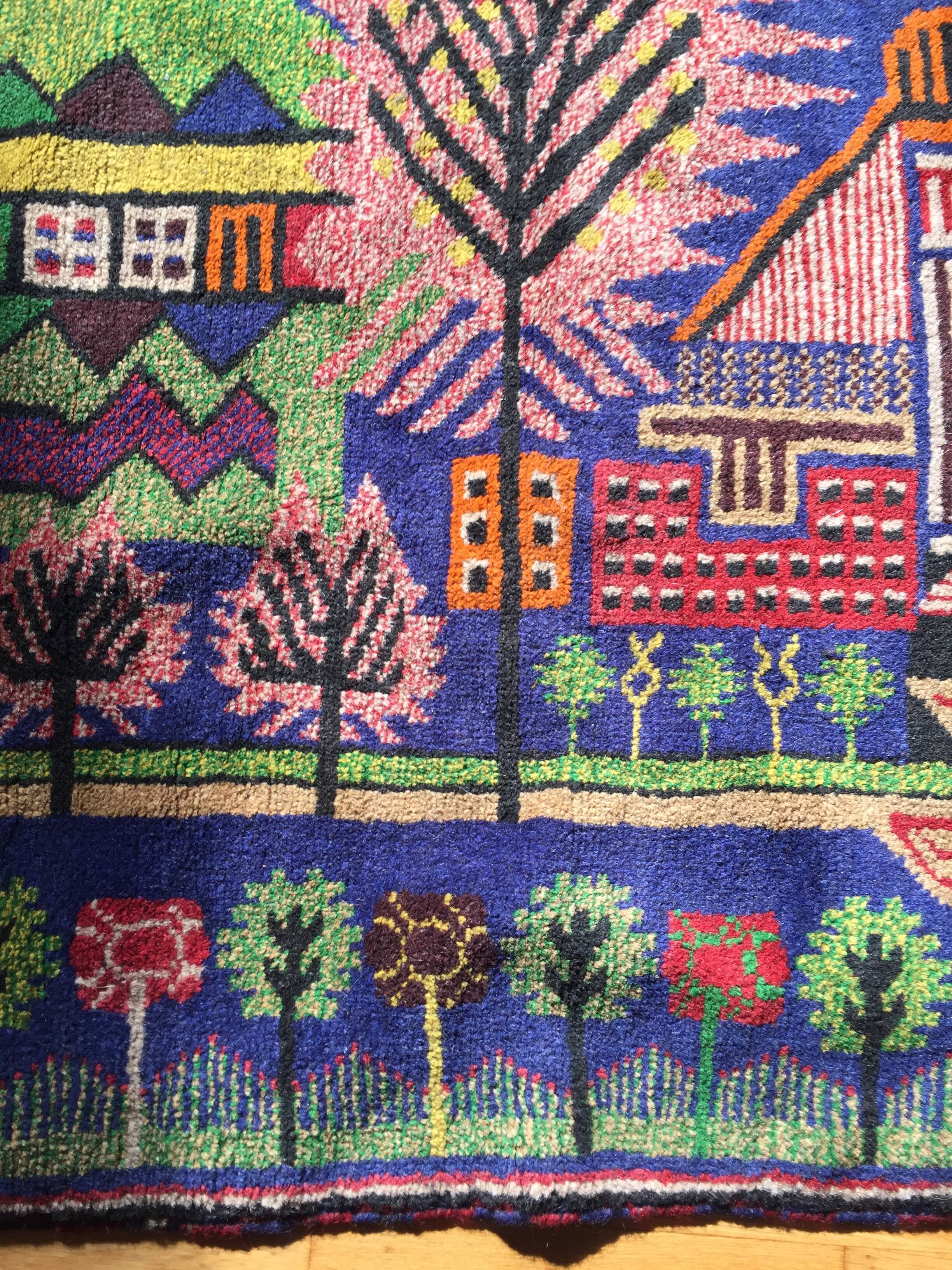 Afghan carpet 80s MOTIF VILLAGE IN PRINTEMPS 85x148cm