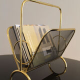 Magazine rack in brass and black lacquered metal, Italy 1970s