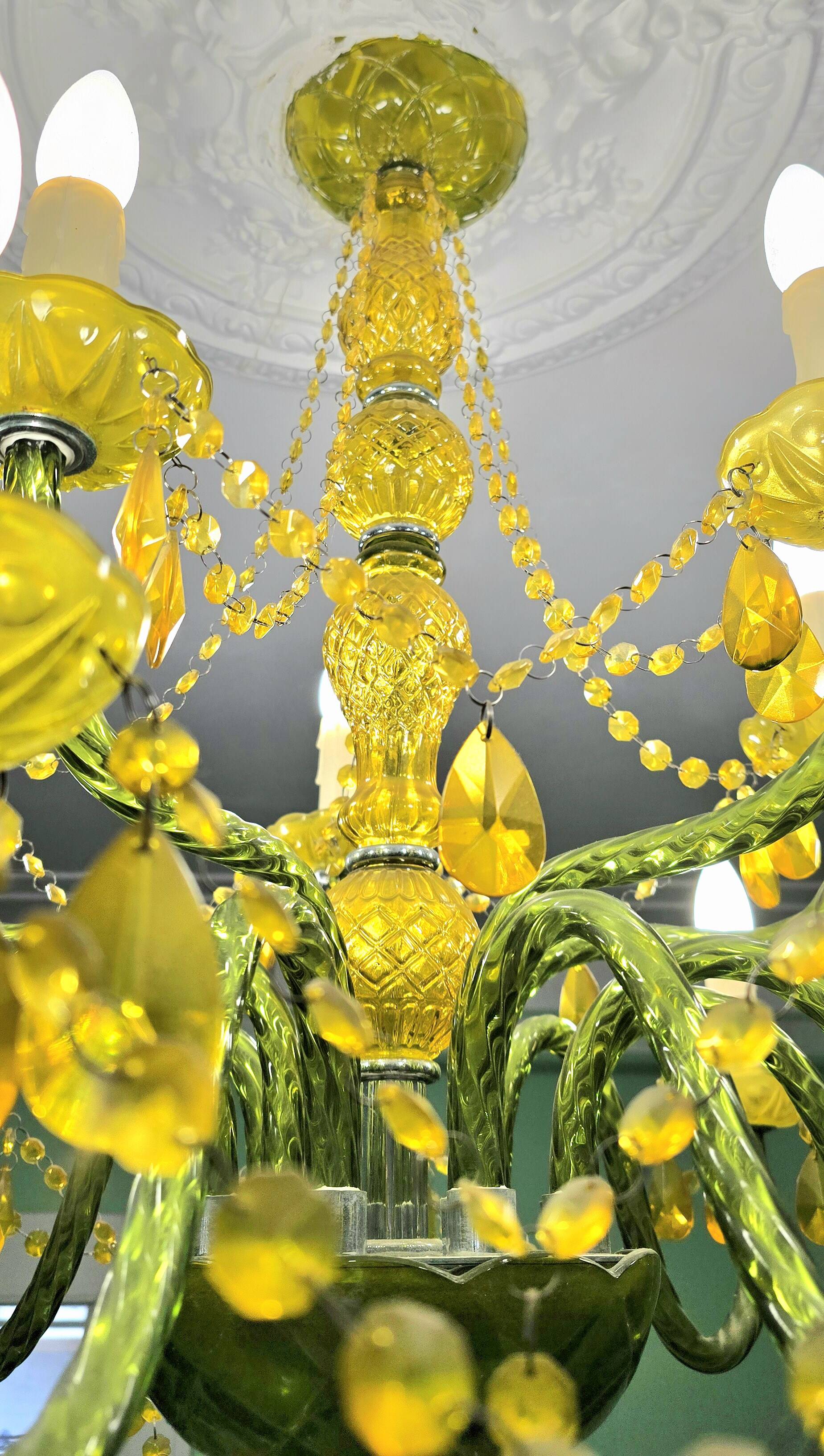 Large chandelier with glass and polypropylene pendants – 14 lights