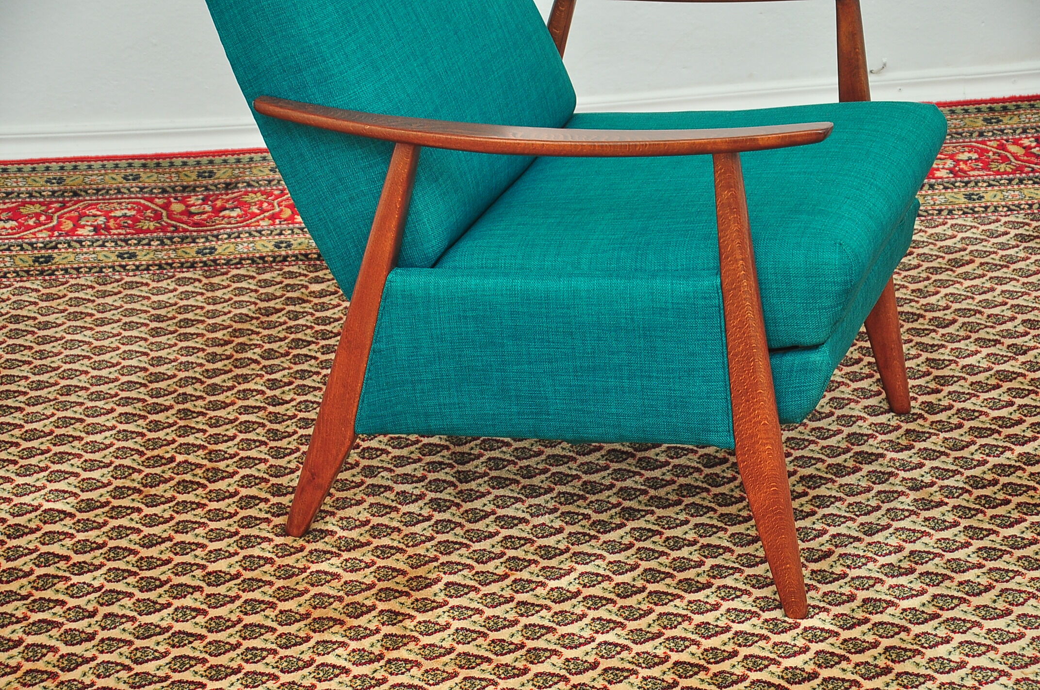 Turquoise armchair with folding footrest, 1960s