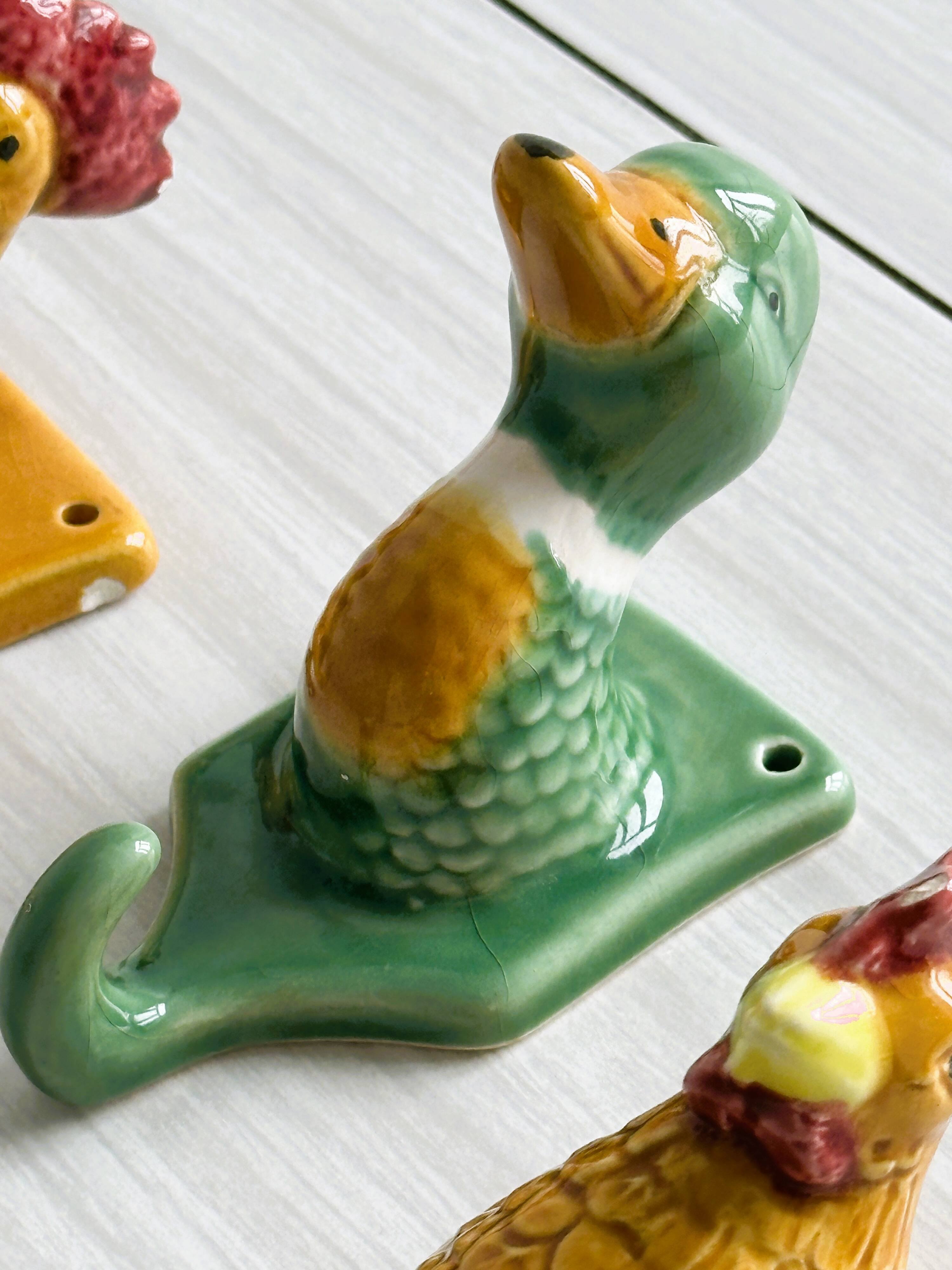 Ceramic slip kitchen towel hooks: Rooster, Hen, Duck.