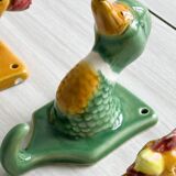 Ceramic slip kitchen towel hooks: Rooster, Hen, Duck.