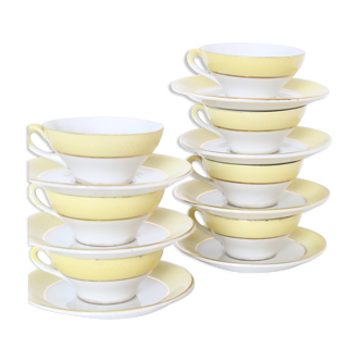 Set of 7 cups and under cups in ceramic Moulin des Loups, yellow, French manufacture,