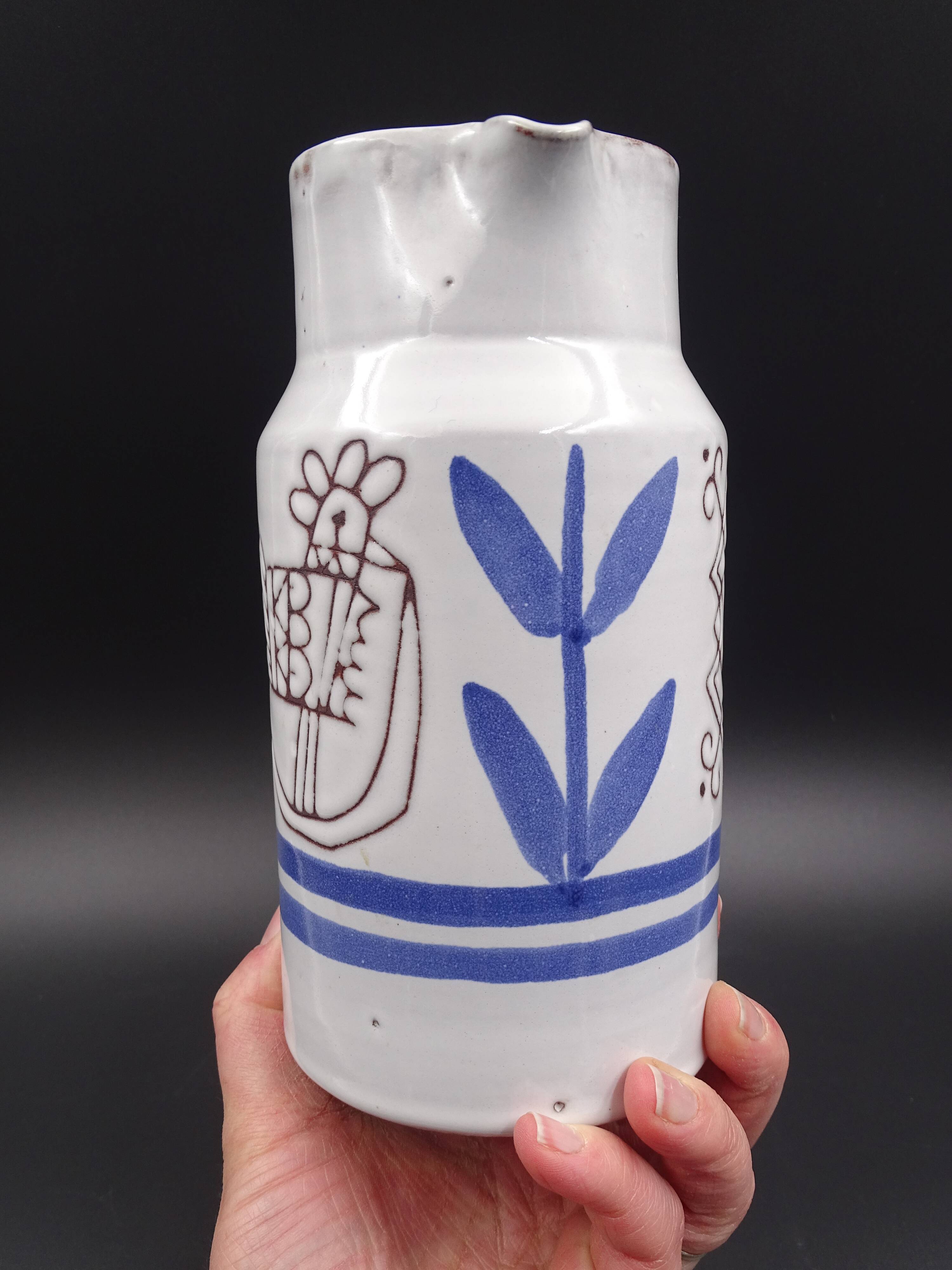 Enamelled terracotta pitcher, bird decoration engraved by Michel Barbier, Vallauris circa 1970