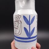 Enamelled terracotta pitcher, bird decoration engraved by Michel Barbier, Vallauris circa 1970