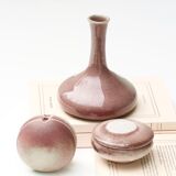 Set of 3 vases and box in mauve pink tones ceramic, 1970s
