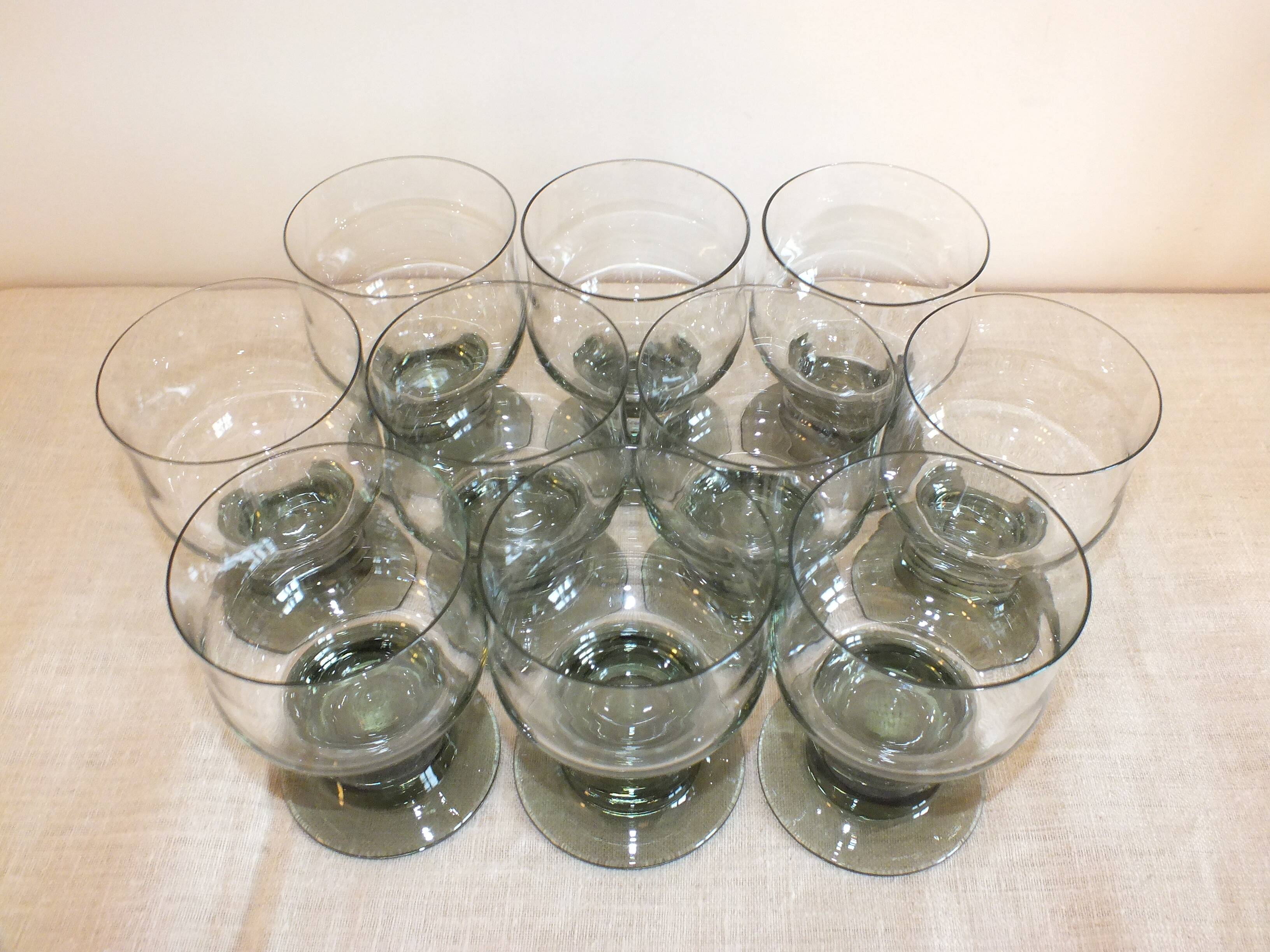 10 tarente thick crystal water glasses, steel gray foot, 1970