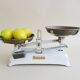 Antique kitchen scales from a record to five kilos, white beam scales with brass plates