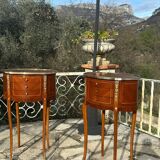 Pair of bedside tables in precious wood marquetry in the Louis XV style, 20th century