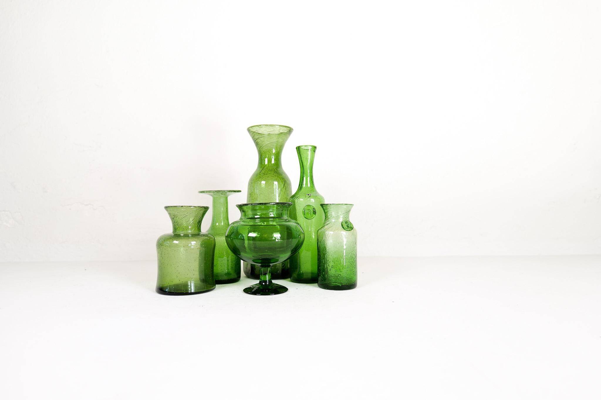 Mid-century modern collection of six green vases by Erik Hoglund, Sweden, 1960s.