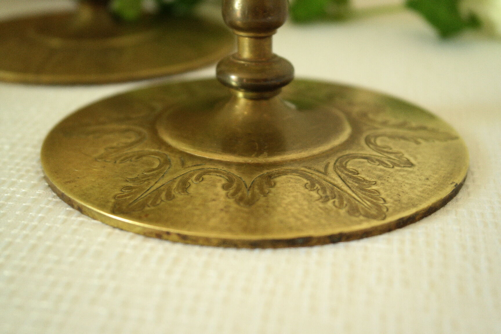 Pair of vintage engraved brass candle holders