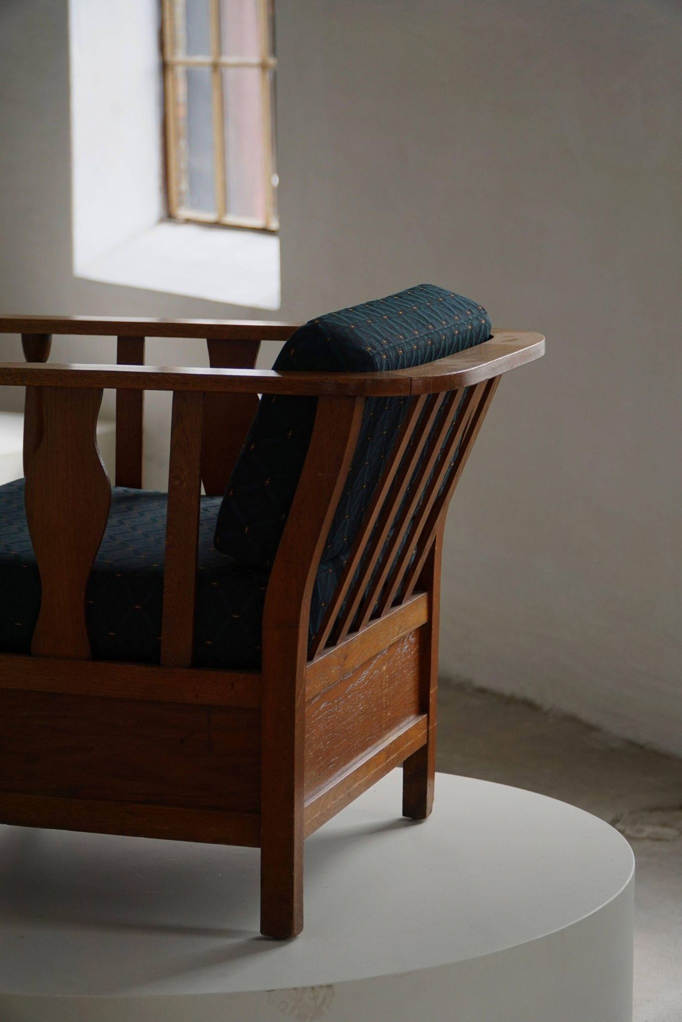Art Nouveau, pair of oak lounge chairs, reupholstered in style fabric, 1920s.