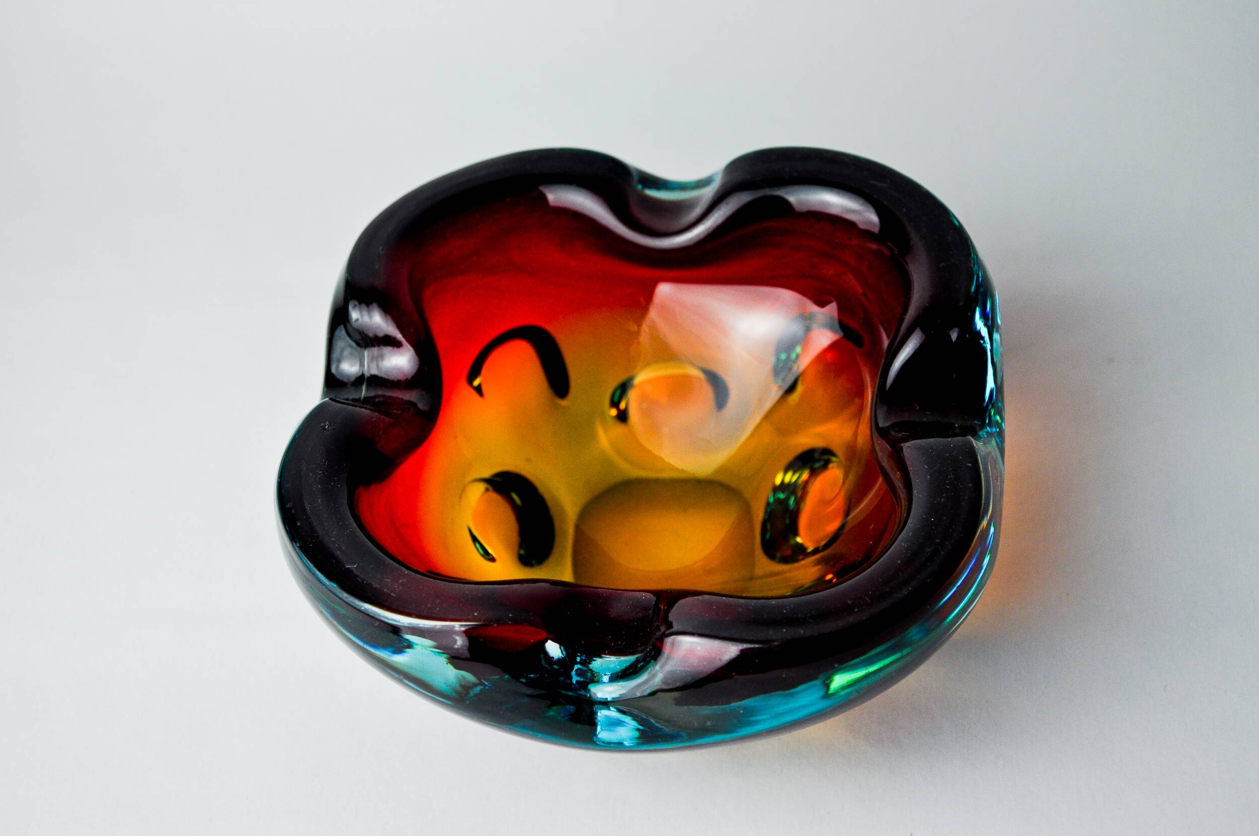 Sommerso orange and blue trinket tray by Flavio Poli for Seguso, Murano glass, Italy, 1970