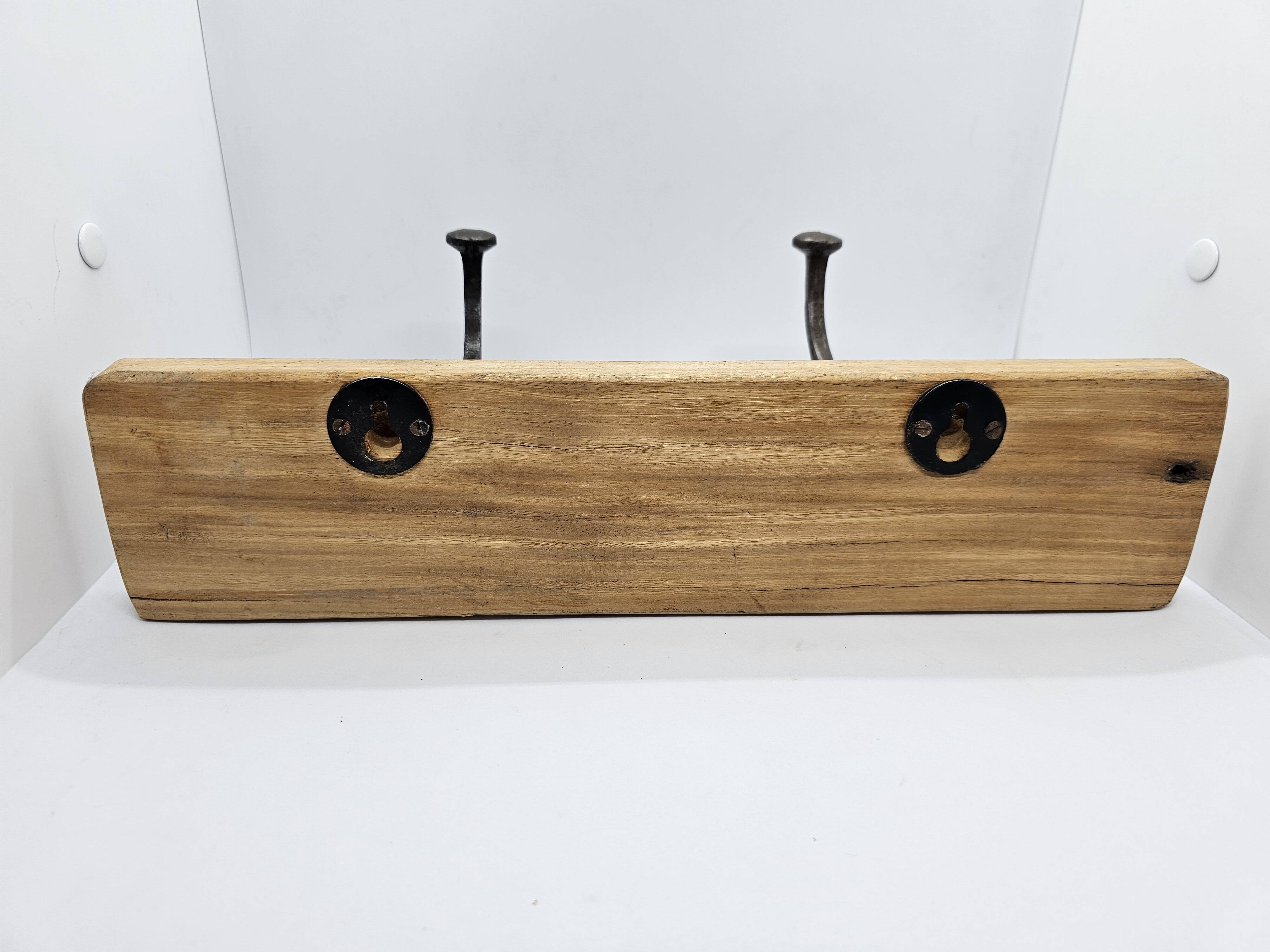 Solid teak coat hook with 2 double cast iron hooks