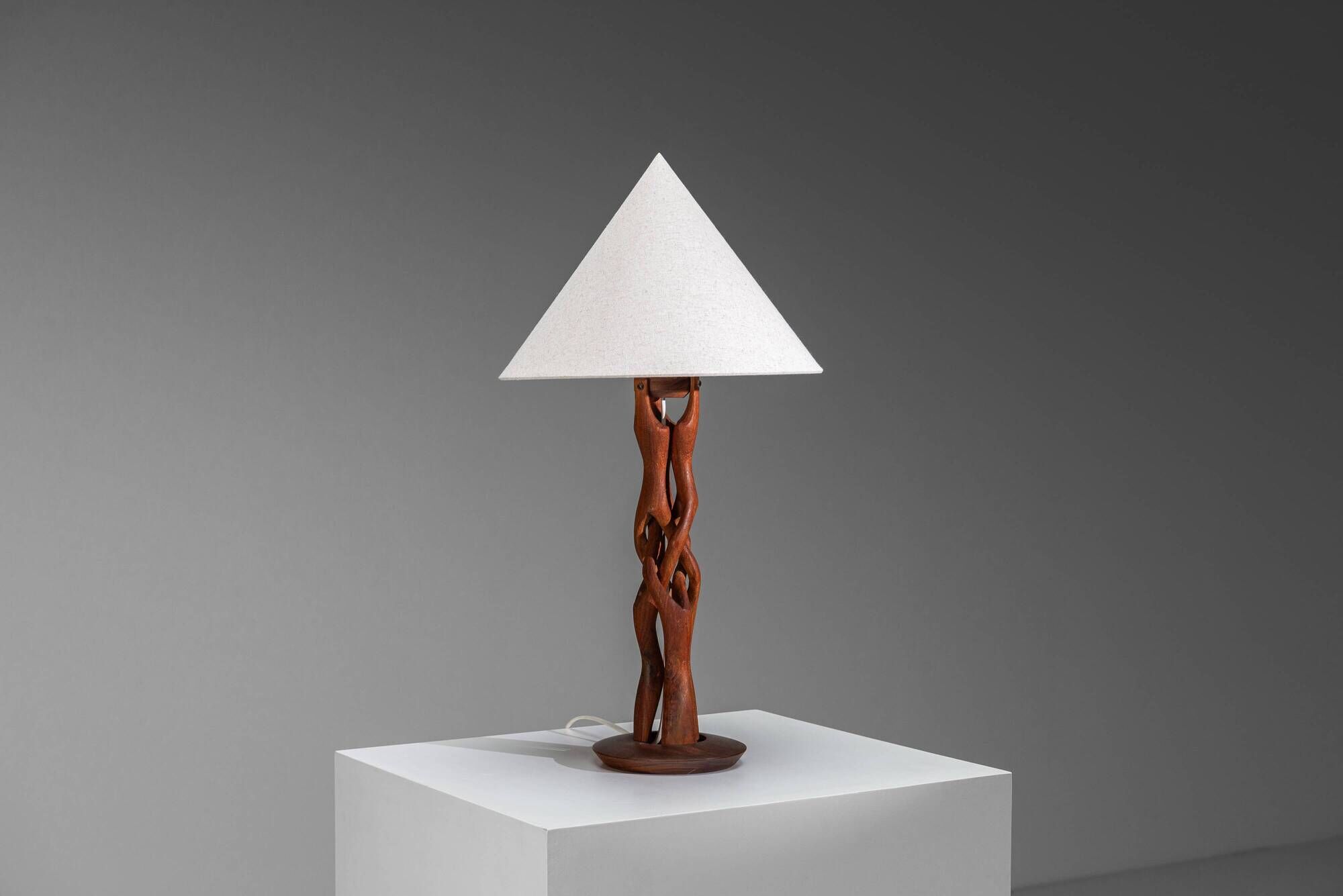 Organic form sculptural teak table lamp