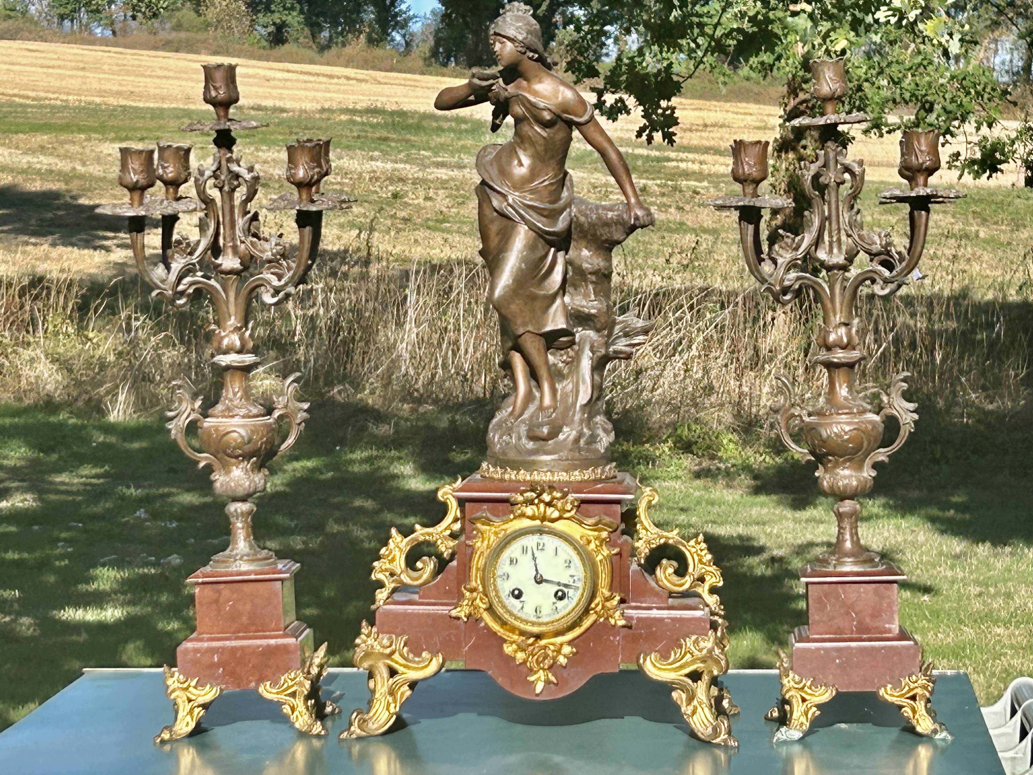 Garniture de cheminée Napoléon III marbre & régule signé Auguste. Moreau