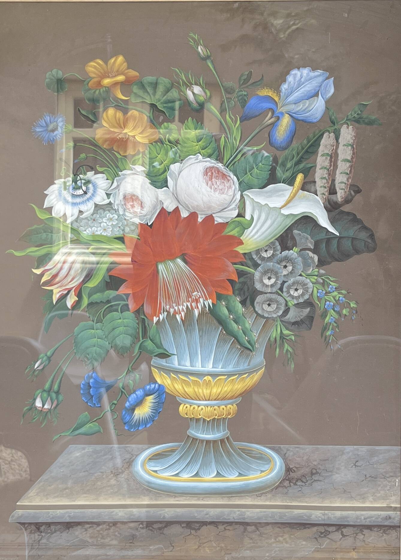 “Bouquet of flowers” still life painting in Neo Classical style, gouache on paper, ca 1830