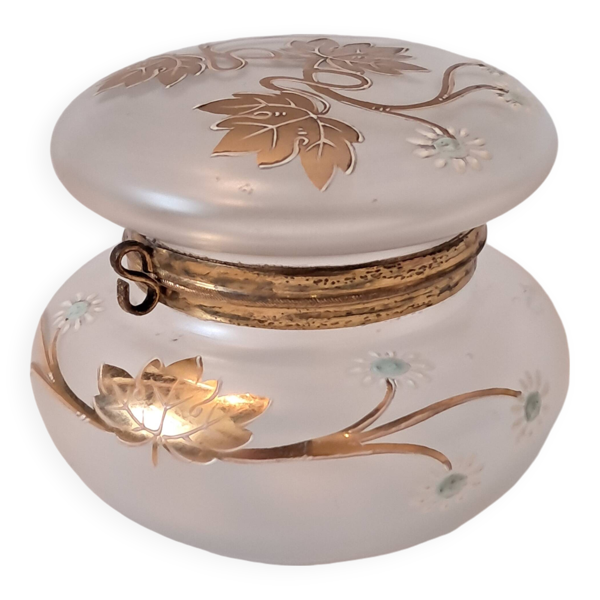 Art nouveau satin glass candy dish with enamel painted floral decor