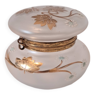 Art nouveau satin glass candy dish with enamel painted floral decor