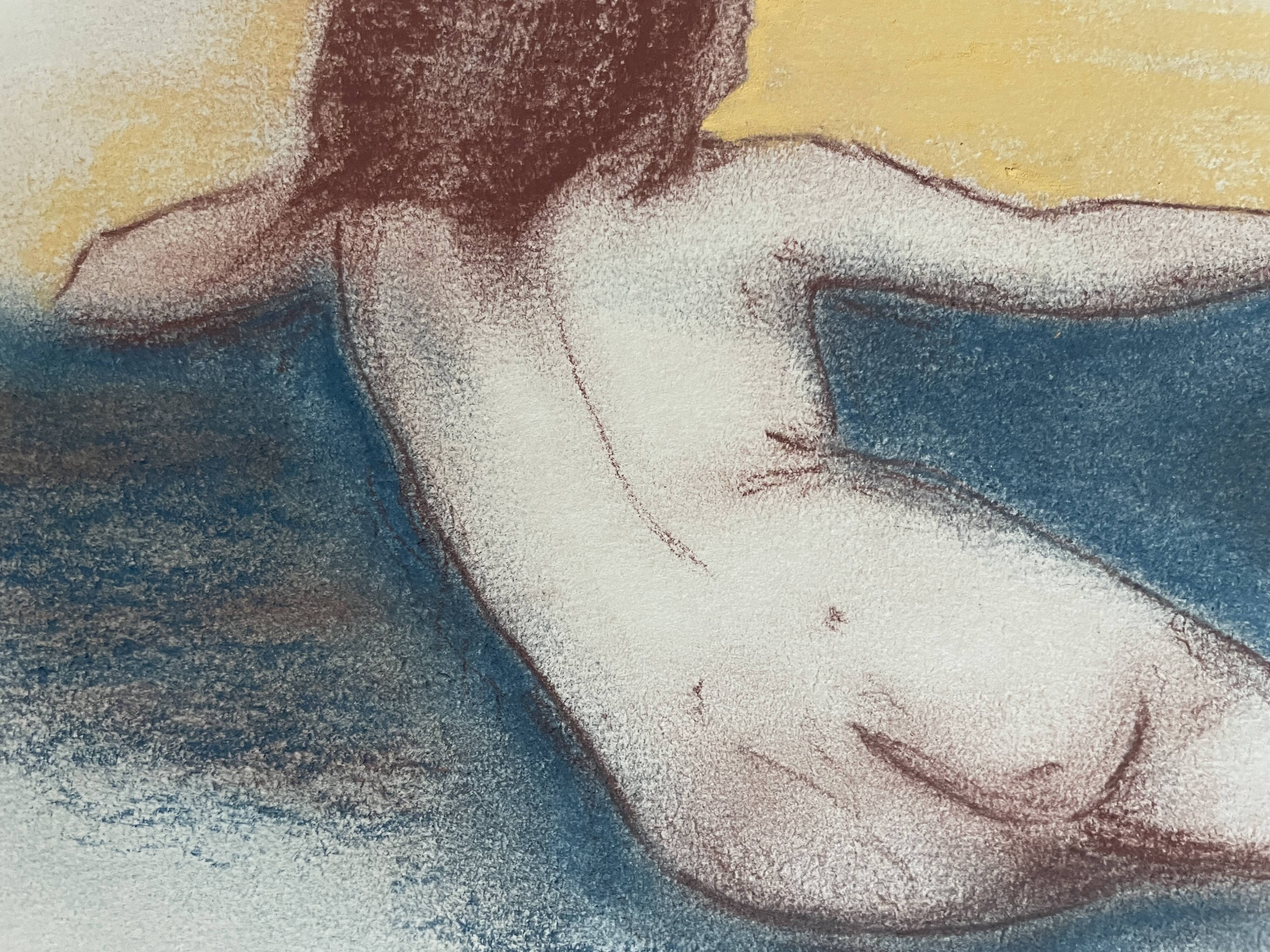 Signed sanguine pastel portrait "the blue sofa"