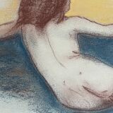 Tableau signé sanguine pastel portait féminin « le divan bleu »