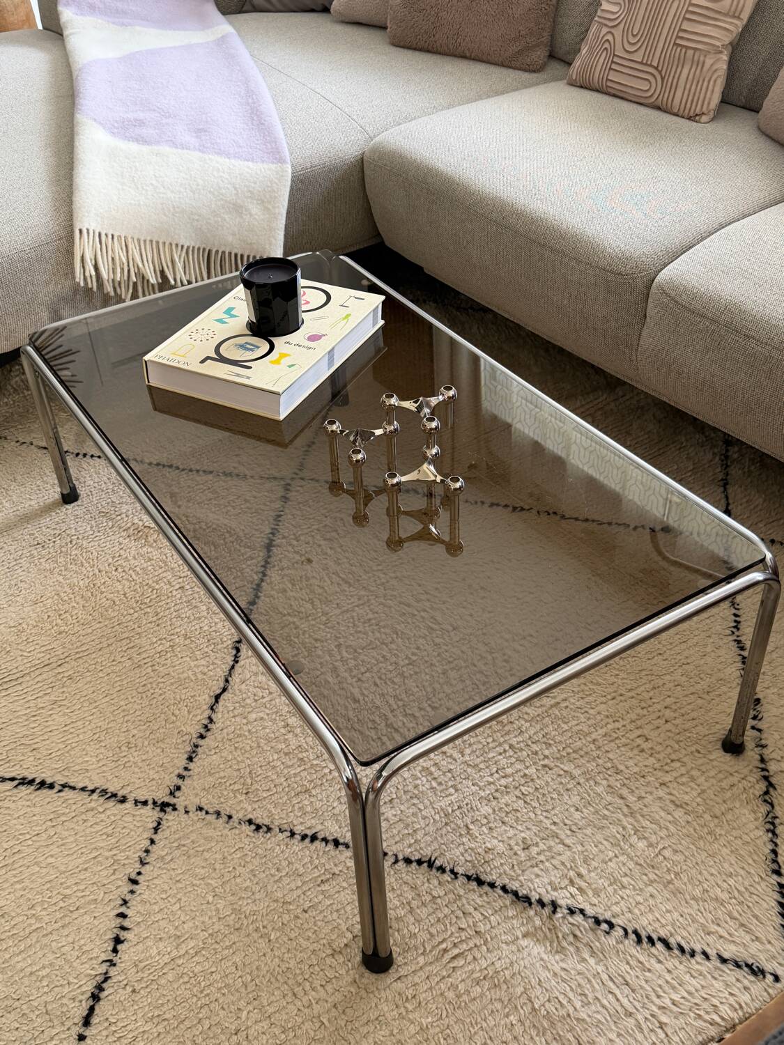 Ancienne table basse chrome et verre fumé vintage