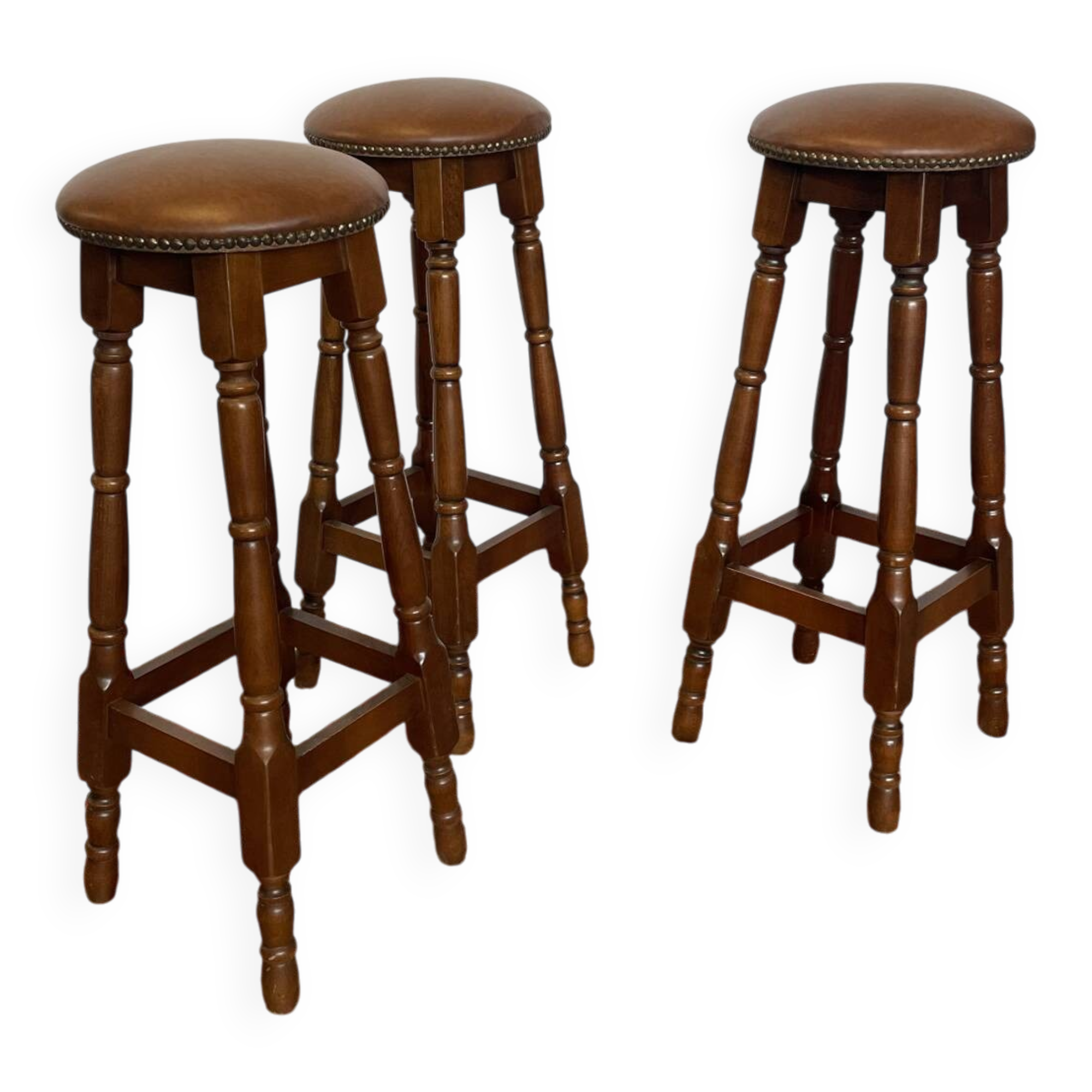 Set of 3 antique wooden and leather bar stools.