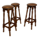 Set of 3 antique wooden and leather bar stools.