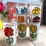 Set of 7 vintage enameled and screen-printed glasses 60/70