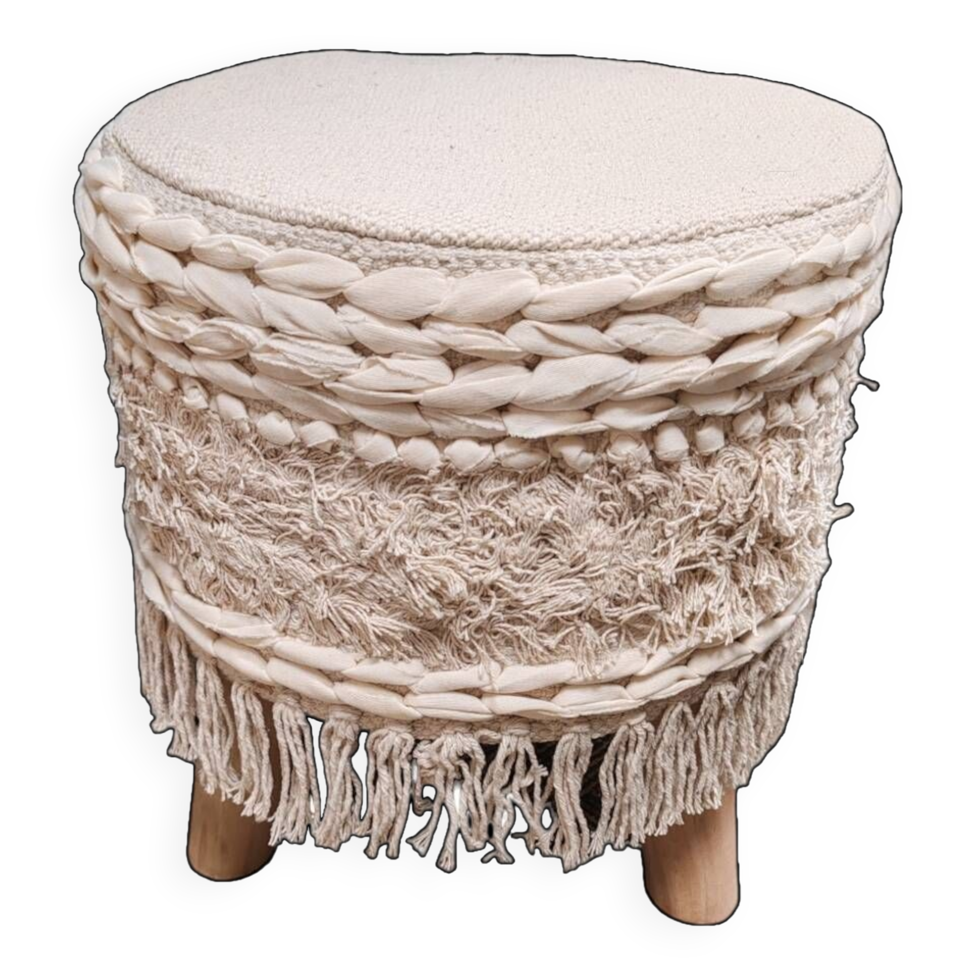 Tabouret pouf bois et tissus.