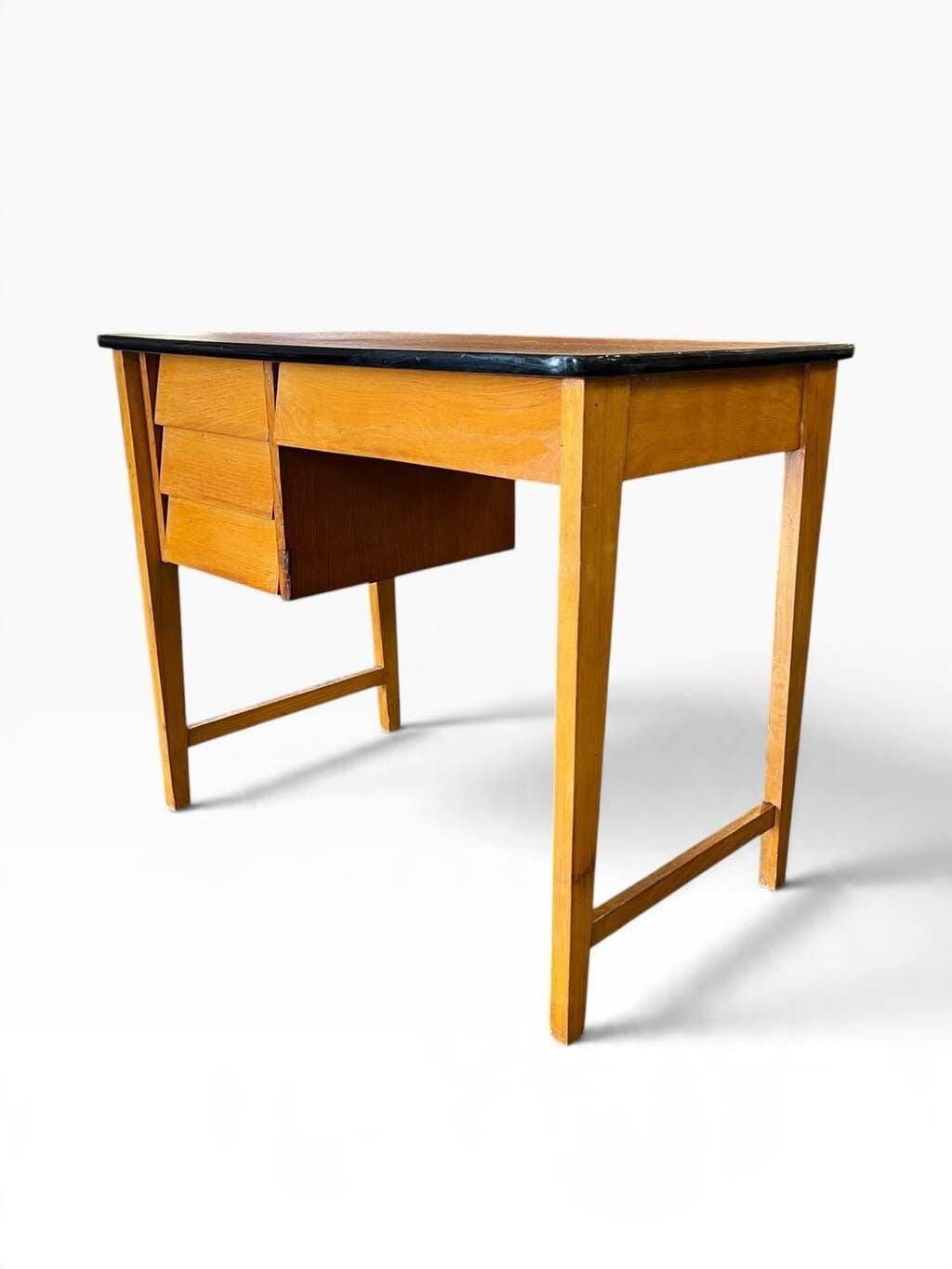 Vintage wooden desk with 3 drawers | 1960s retro style