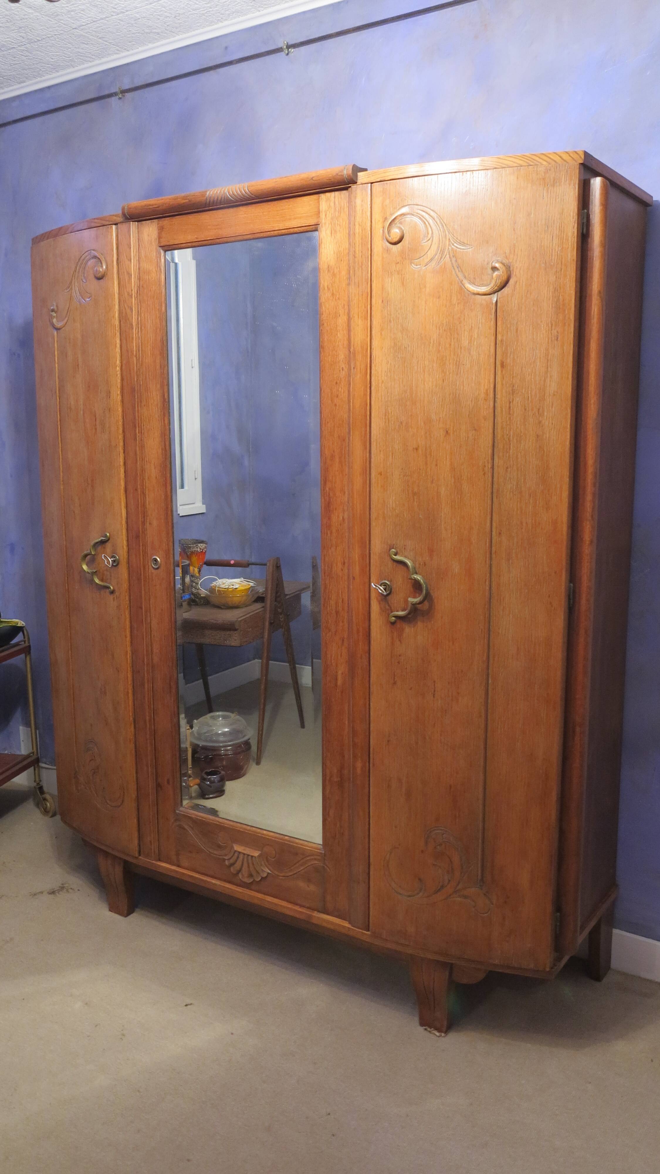 1930s three-door light oak wardrobe