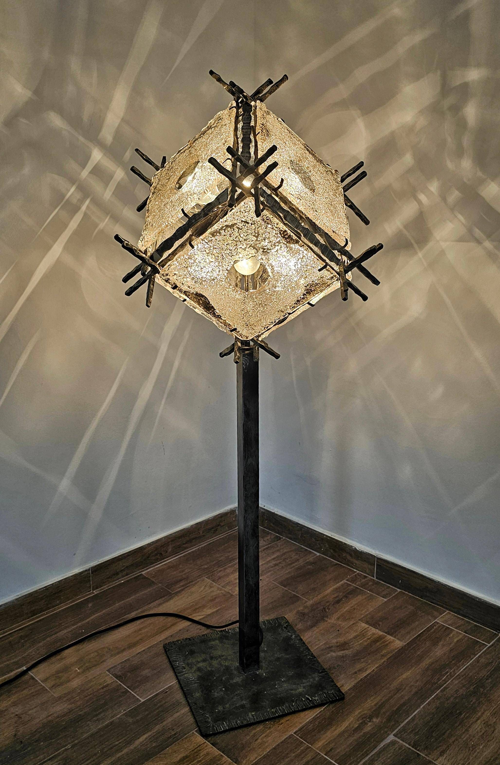Brutalist floor lamp with Murano glass panels by Longobard.