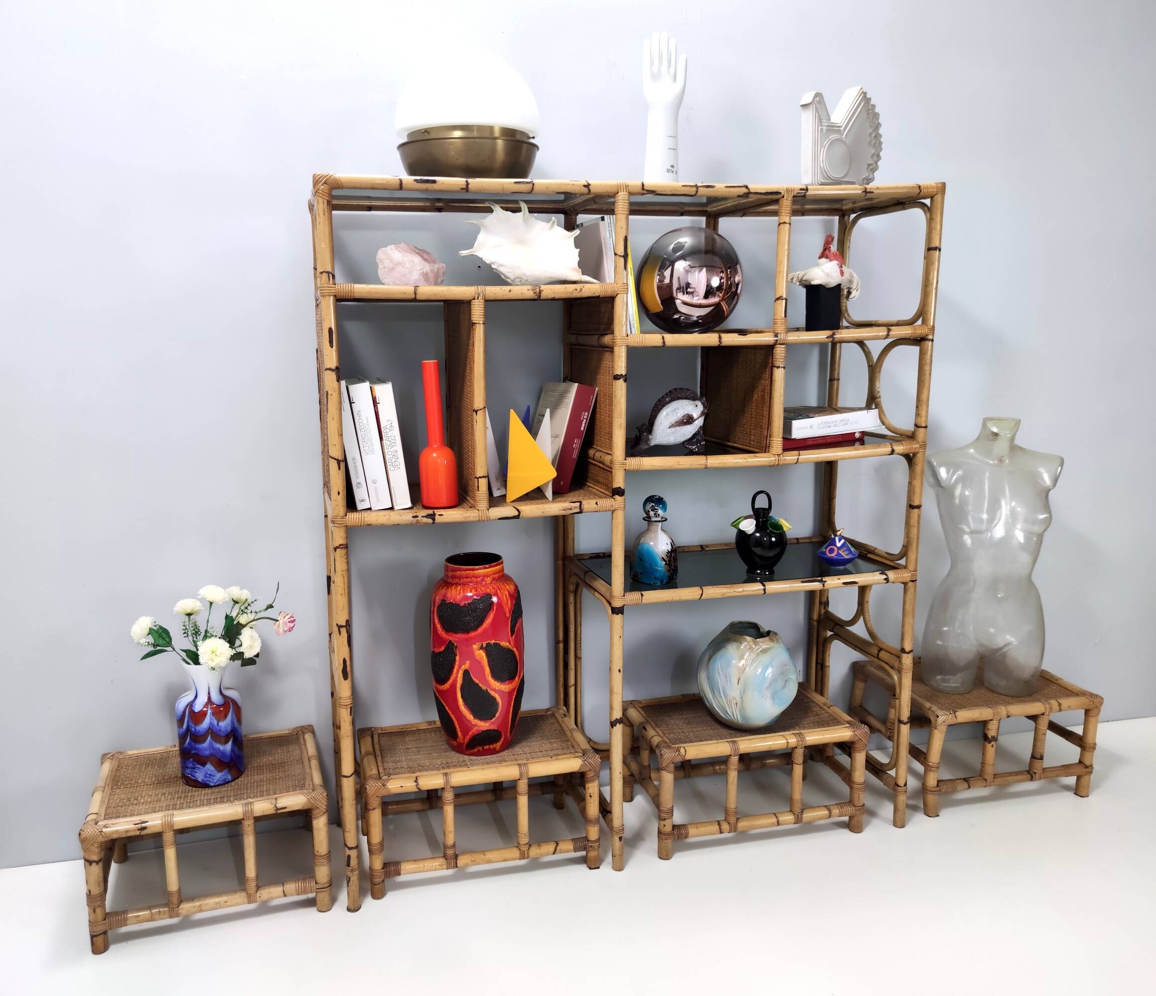 Bamboo Bookcase with Smoked Glass Shelves by Vivai del Sud, Italy