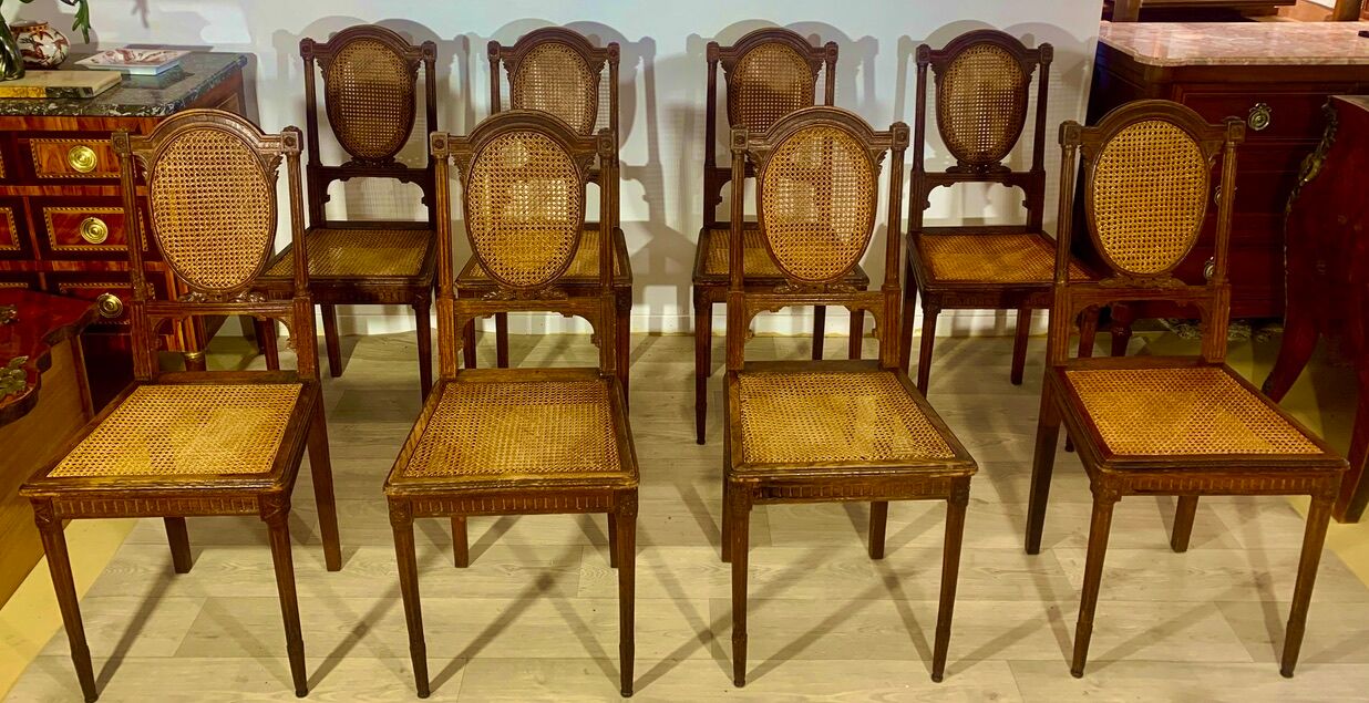 Canned chairs X 8, Louis XVI style, early XX, stamped Flandrin Paris