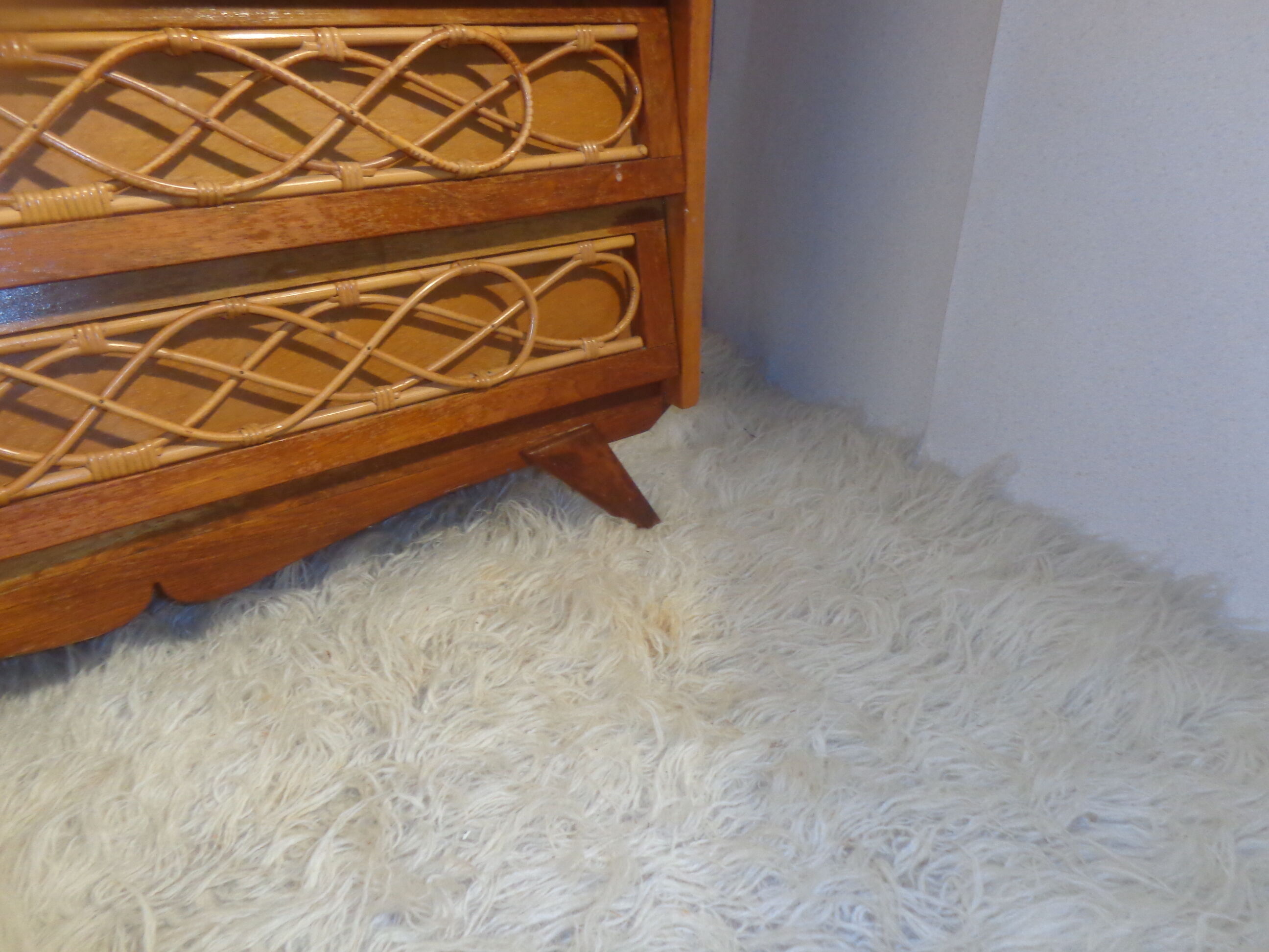 Chest of drawers wood and rattan Louis Sognot 1950 foot compass