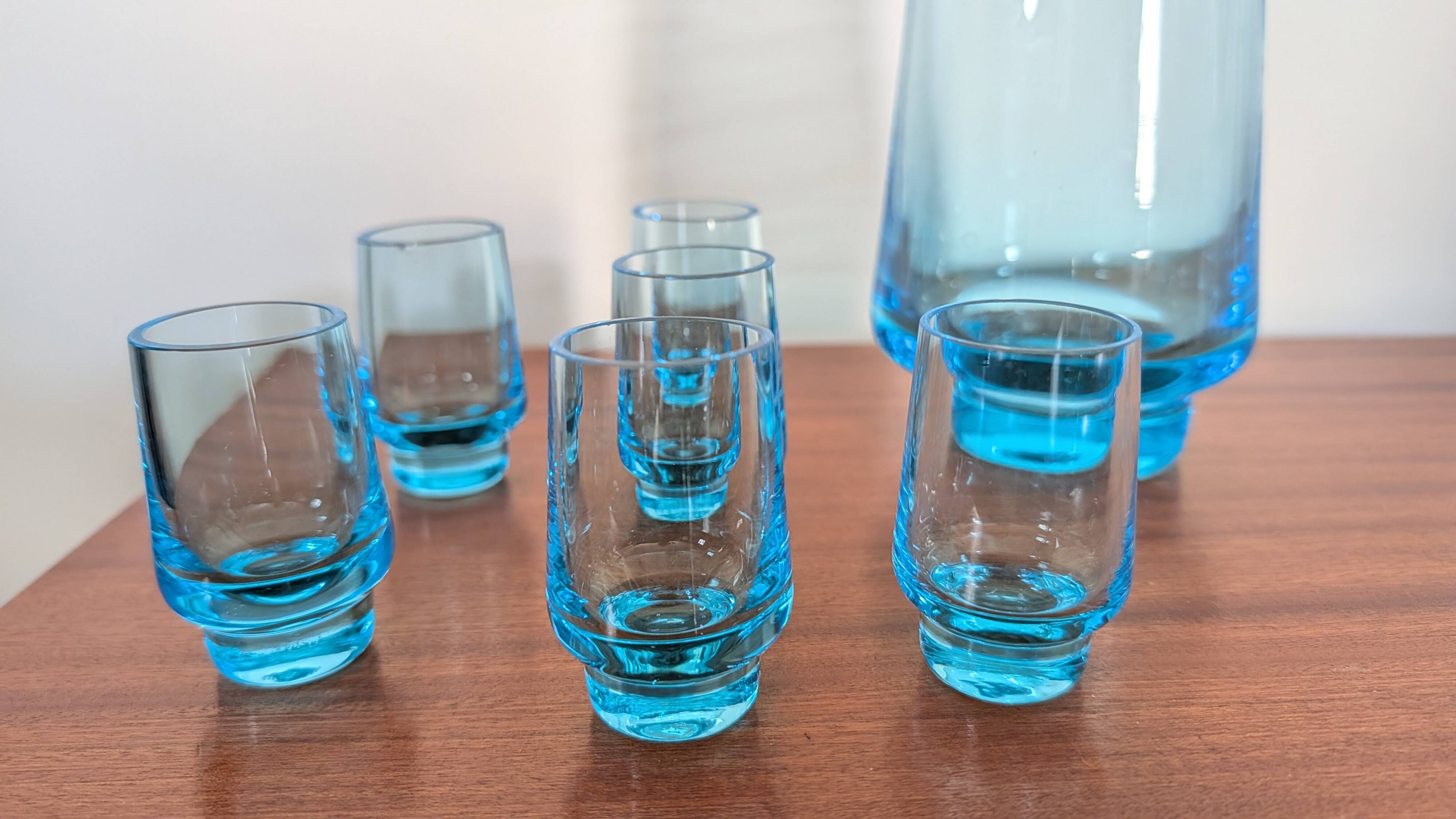 Smoky blue glass liqueur set from the 70s.