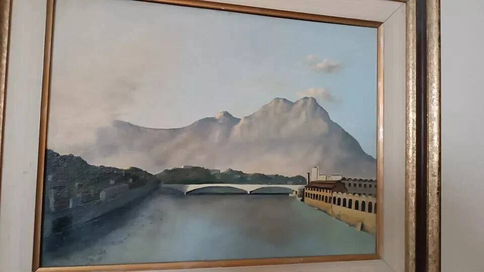 Oil painting on canvas board, 1950s, signed NAVA, lake, river.