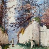 Large Watercolor Painting Signed Christen XIXth Animated Landscape Barbizon