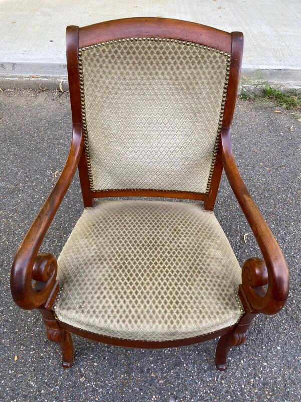 Fauteuil de bureau régence en bois massif et velours beige Louis Philippe