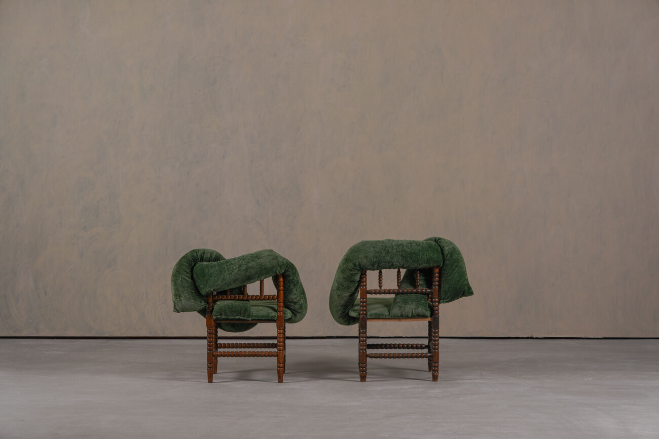 Chaises à bobines vintage, réimaginées par Corina Olaru, Hollande années 1930, ensemble de 2
