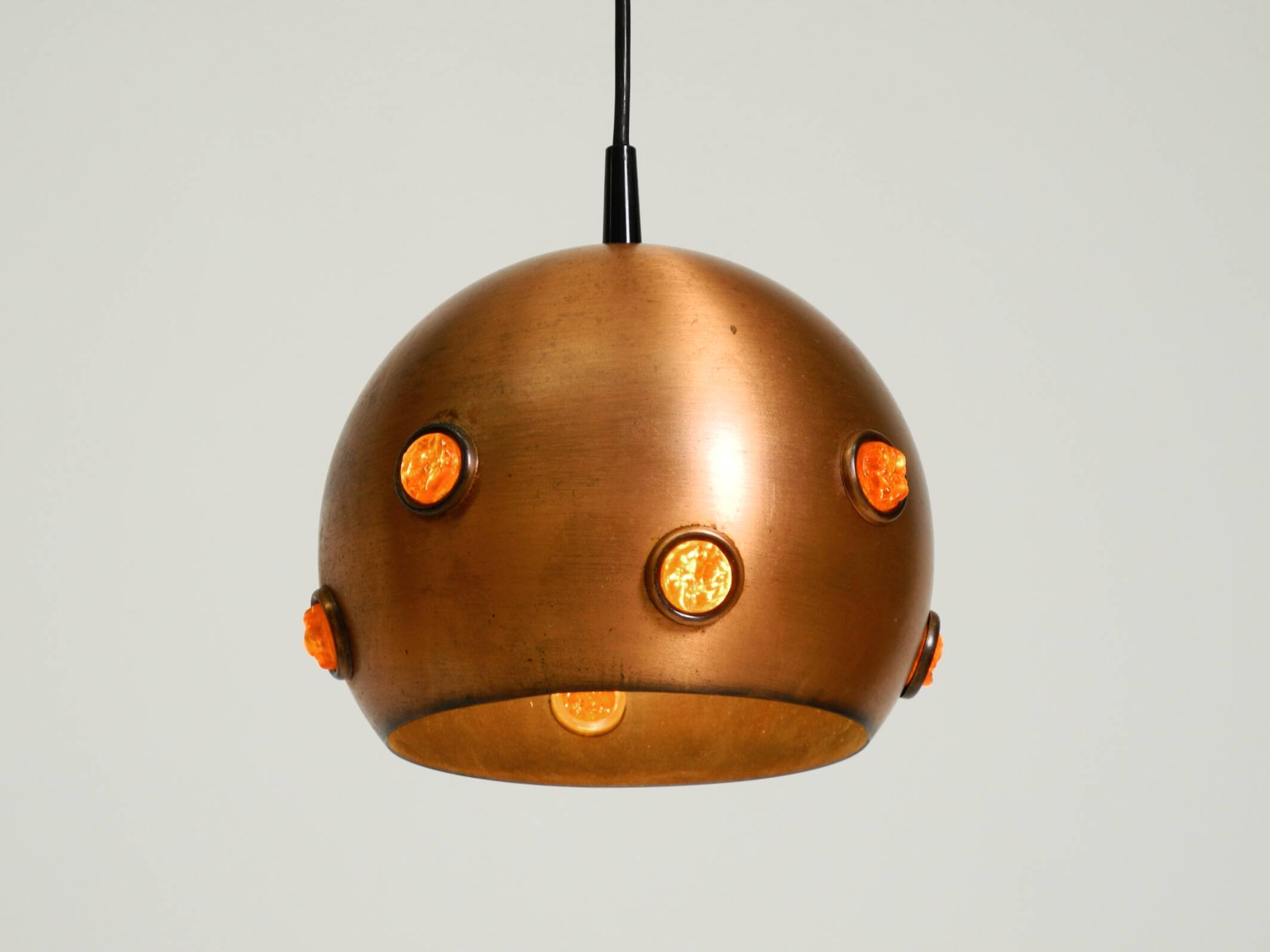 Original 1960s solid copper pendant lamp with orange synthetic glass stones