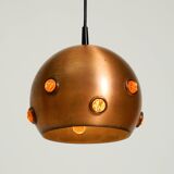 Original 1960s solid copper pendant lamp with orange synthetic glass stones