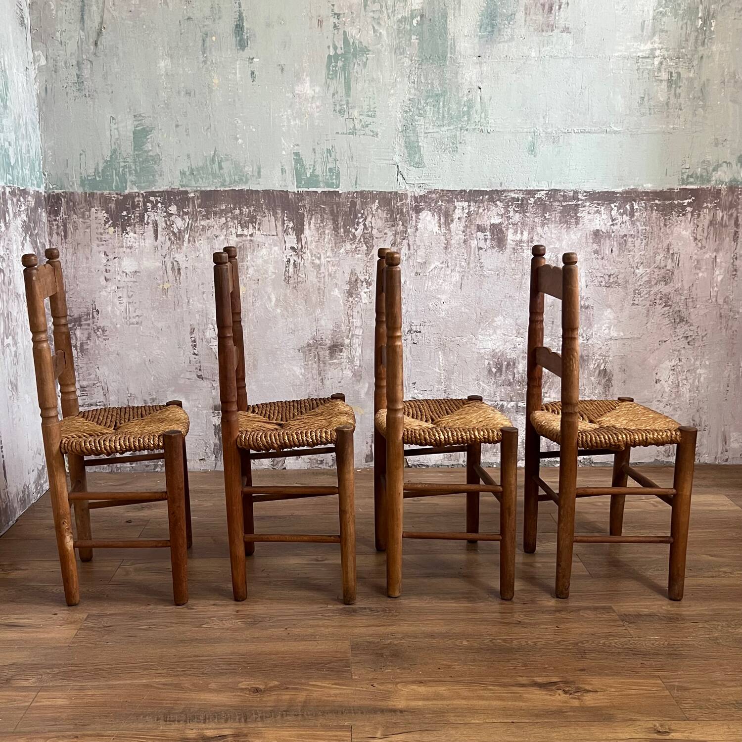 4 Folk Art chairs in wood and straw