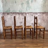 4 chaises Art Populaire en bois et paille