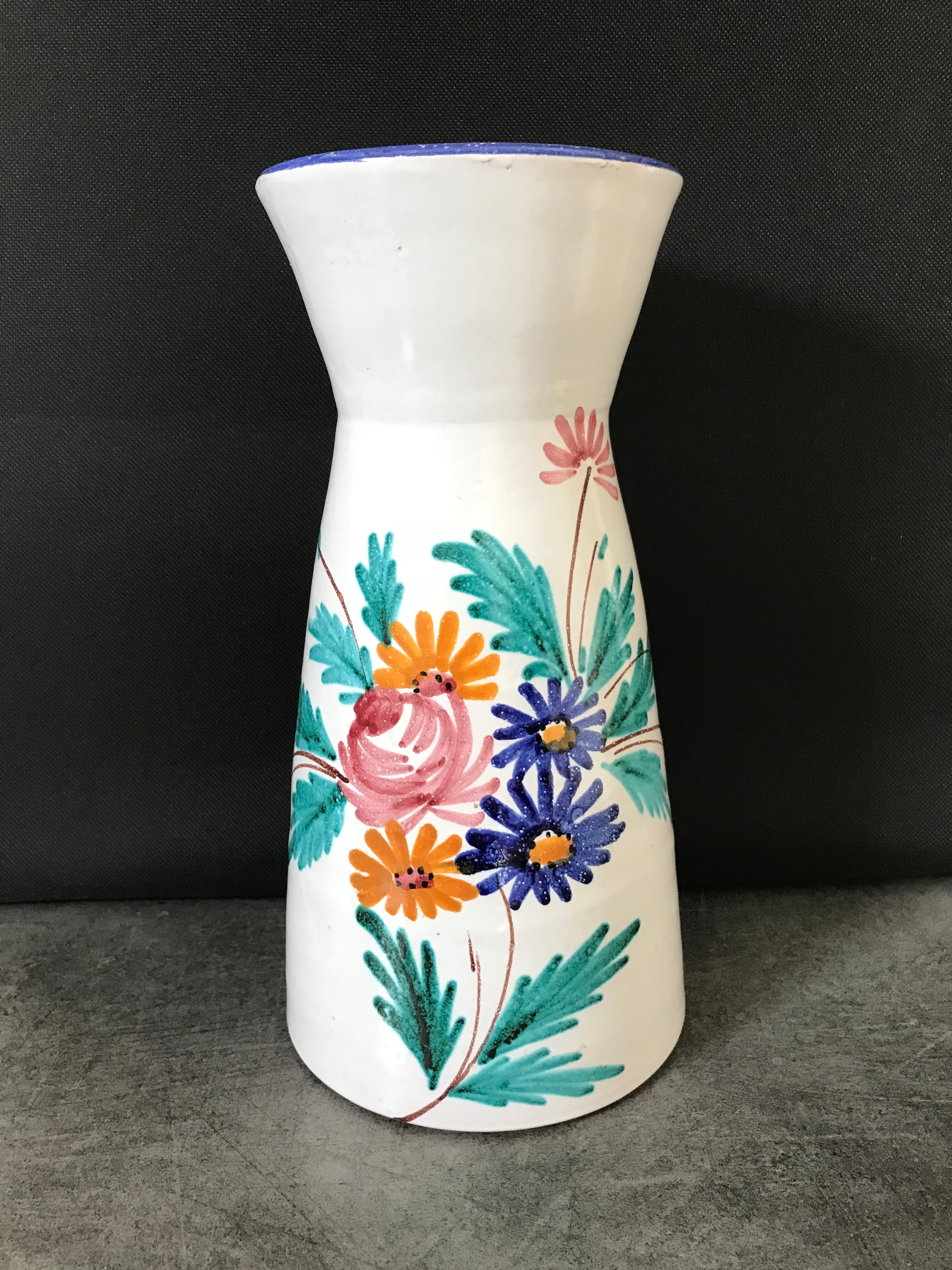 Vintage ceramic vase signed with polychrome flower decoration 25 cm