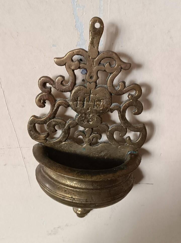 19th century antique holy water font brass bronze IHS