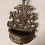 19th century antique holy water font brass bronze IHS