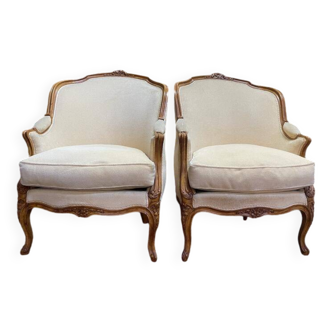 Pair of Louis XV style gondola bergère armchairs